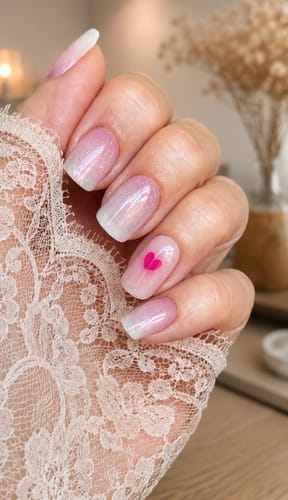 Reviewer's hand with nails featuring the UV Top Coat Pink Pearl and a small heart design.