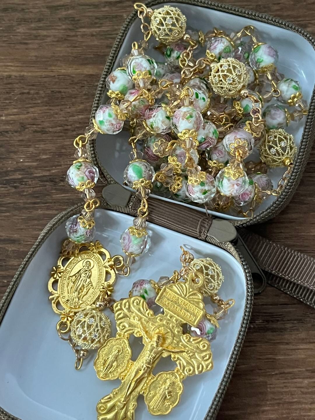 Customer photo review of SolaceBeads White Floral Lampwork Glass Rosary: Grace With Gold Filigree & Miraculous Medal