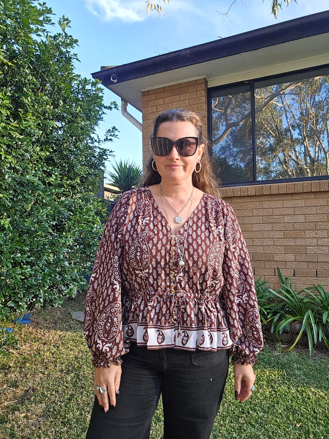Customer photo review of Margot Blouse| Chocolate Block Print