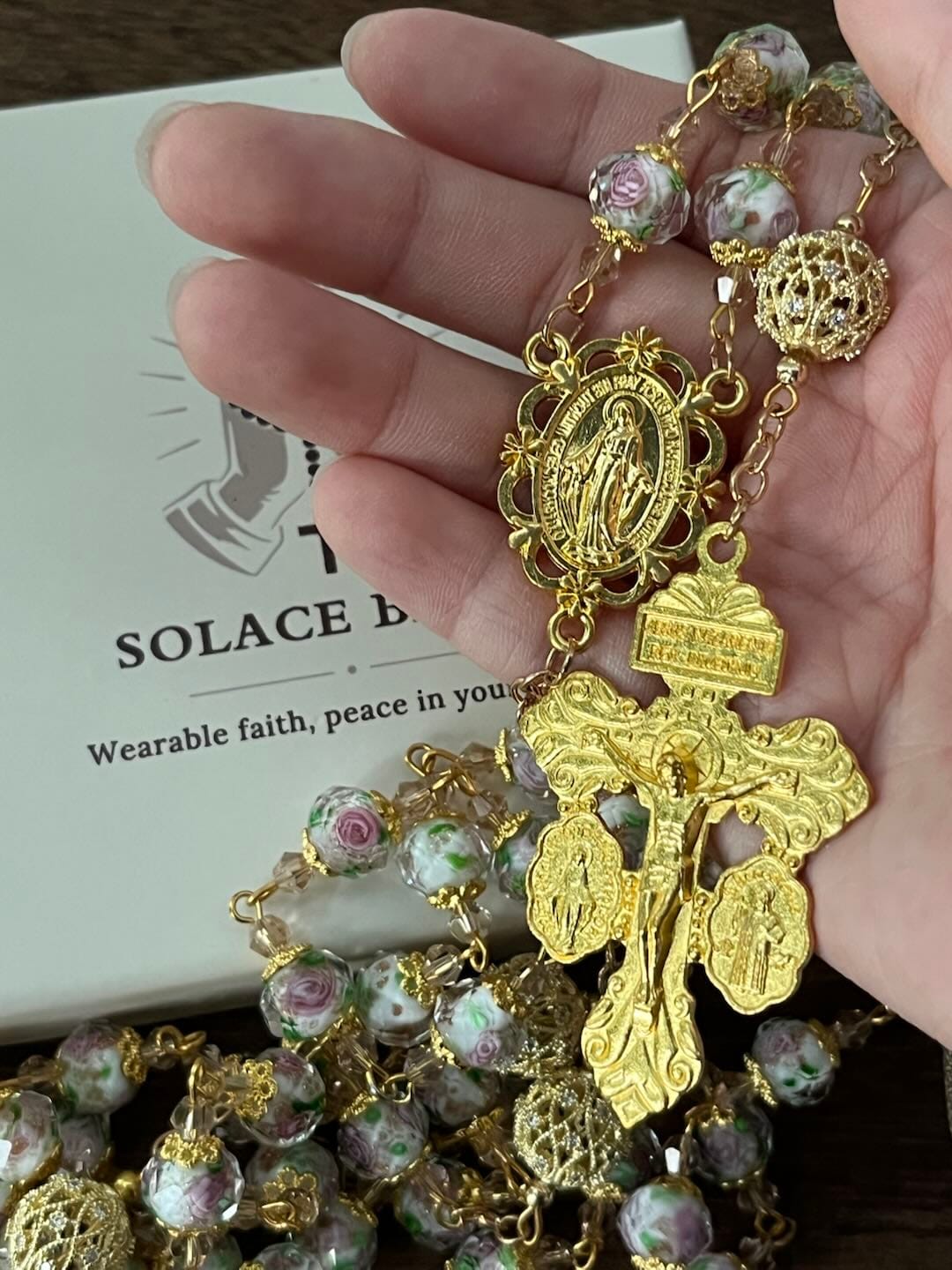 Customer photo review of SolaceBeads White Floral Lampwork Glass Rosary: Grace With Gold Filigree & Miraculous Medal