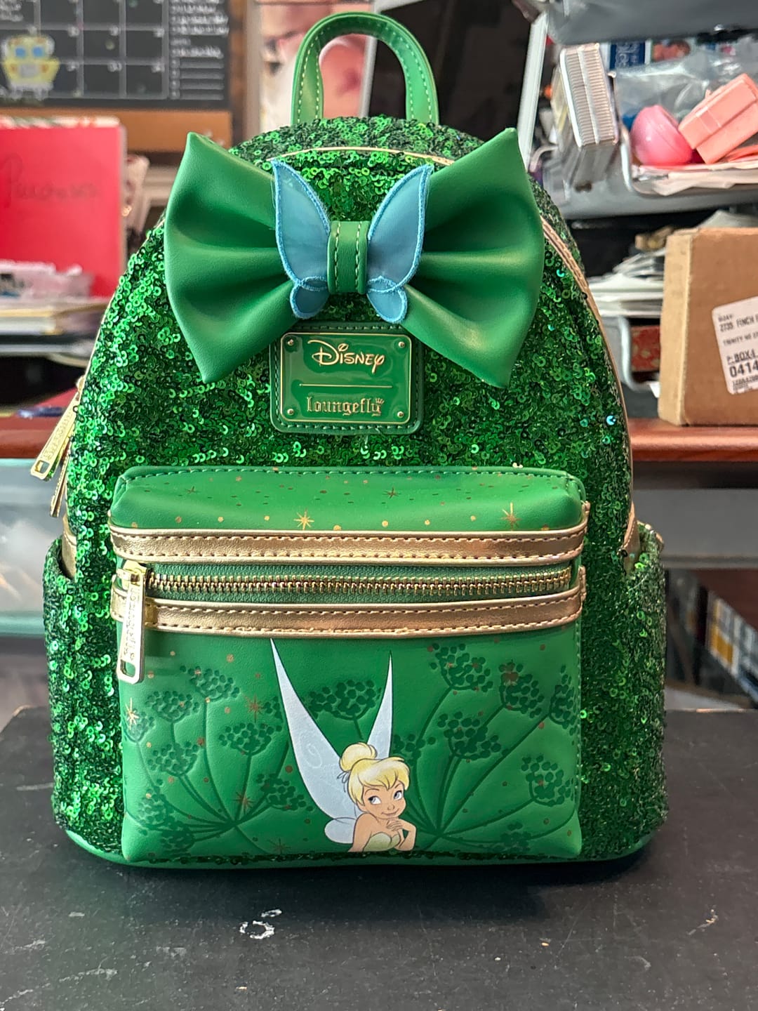 Customer photo review of Loungefly Disney Tinker Bell Emerald Green Sequin Mini Backpack | Exclusive