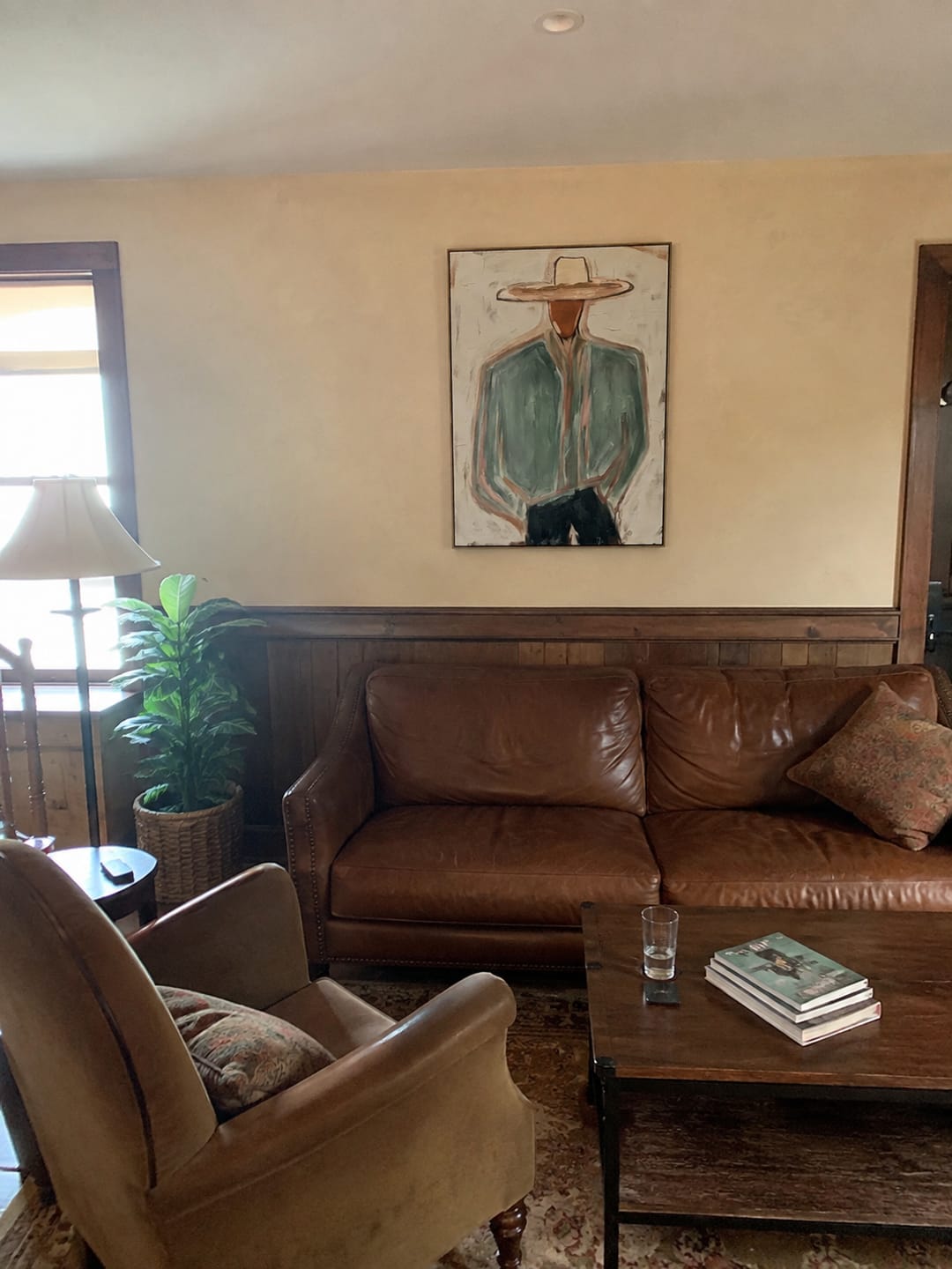 Customer photo review of "Warm Desert Cowboy" – Expressive Sculptural Art | 3D Layered Sage Green & Ochre Canvas | Luxury Vertical Wall Art #PE 010