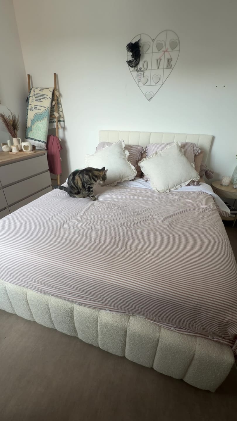Customer photo review of Lit coffre CAROLINE – Lit design rembourré avec rangement intégré, disponible en bouclé blanc, velours côtelé ou velours lisse