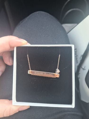 Customer photo review of 4cm Letter Bar Necklace in Rose Gold Horizontal