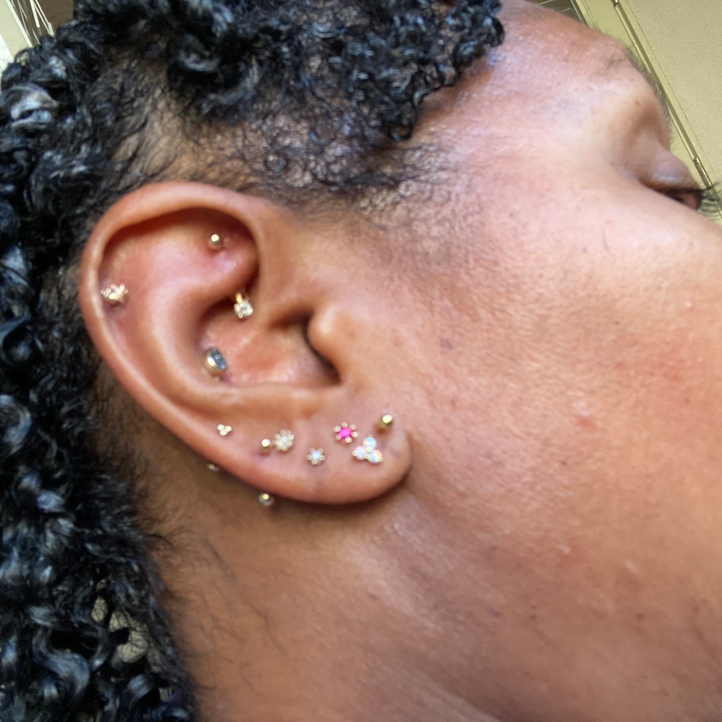 Customer photo review of 14K Gold 6 Prong Rose Cut Cubic Cartilage Earring 20G18G