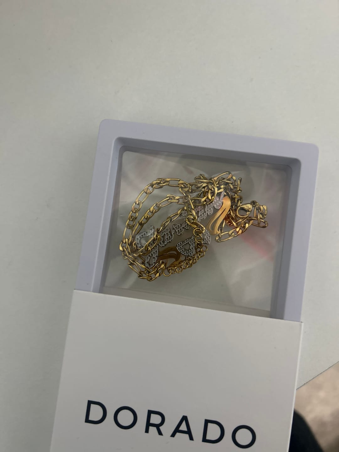 Customer photo review of Double Plated Hearts Name Necklace w/ Figaro Chain