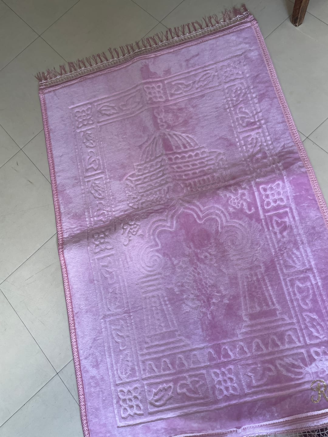 Customer photo review of Tapis de prière épais rose à personnaliser