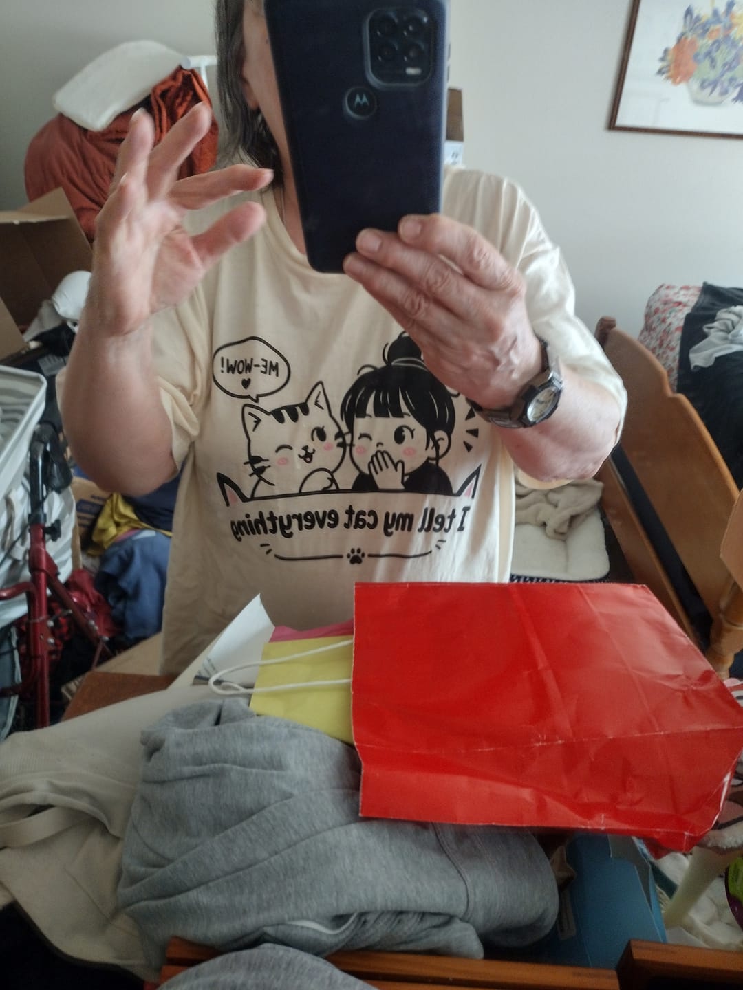 Customer photo review of Tell My Cat T-Shirt