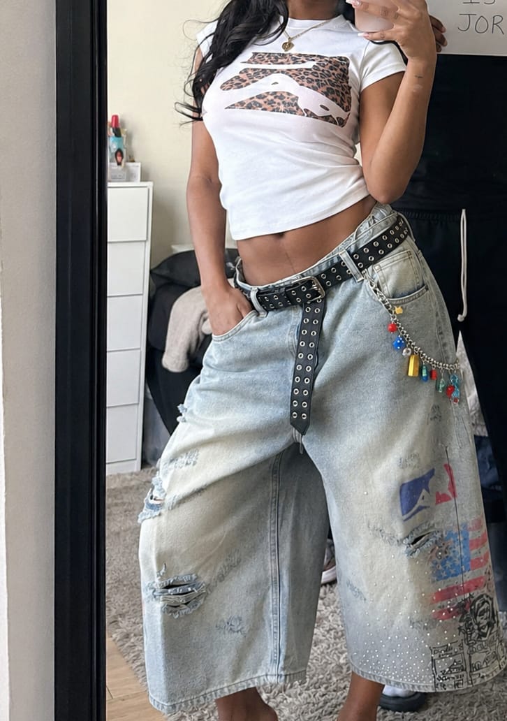 Customer photo review of Punk Graphic Baggy Denim Jorts-579