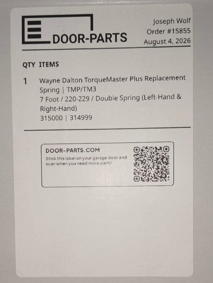 Customer photo review of Wayne Dalton TorqueMaster Plus Replacement Spring | TMP/TM3