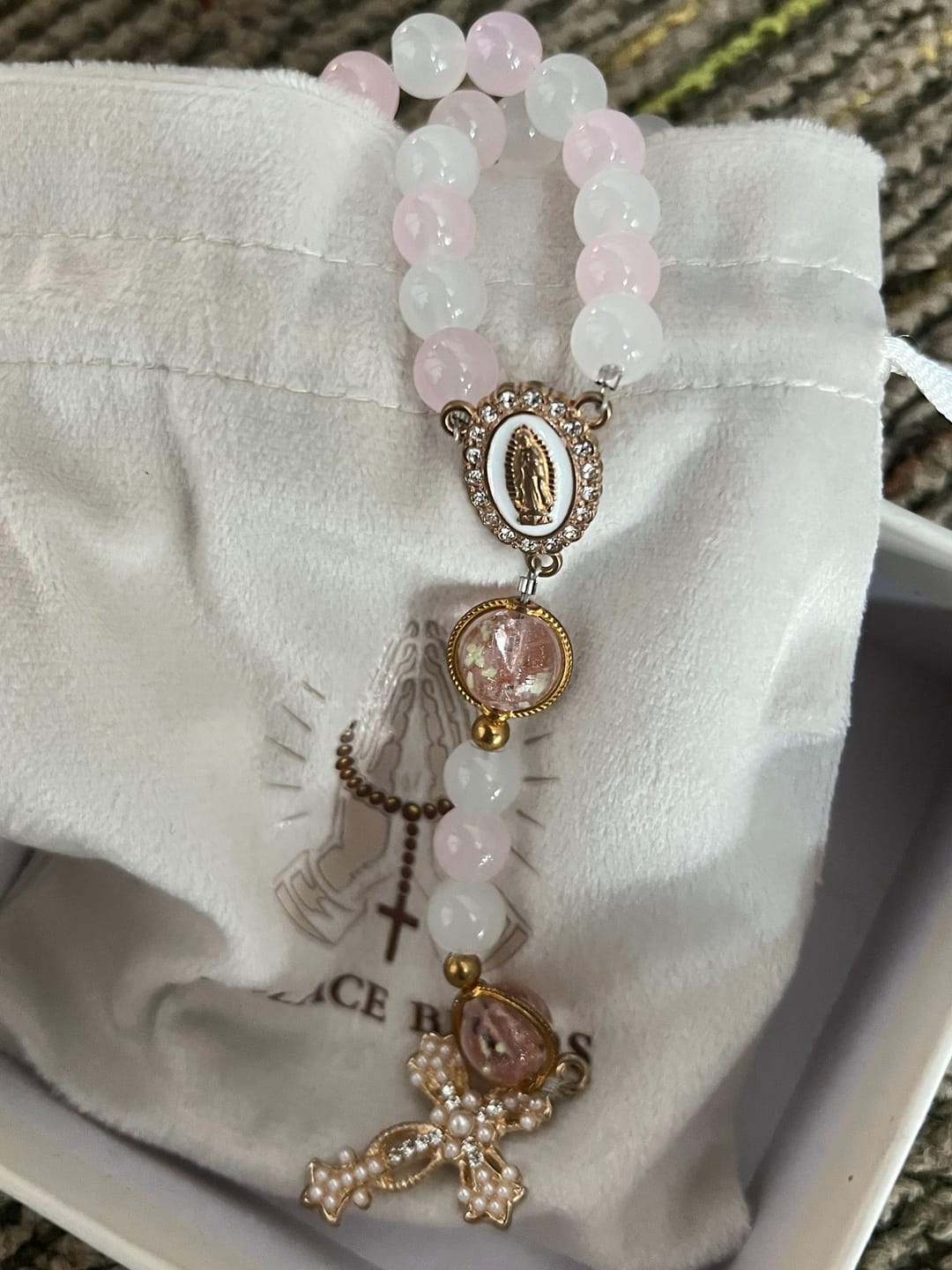 Customer photo review of SolaceBeads Artistic Pink & White Beaded Rosary: A Fusion of Colors & Sacred Symbols