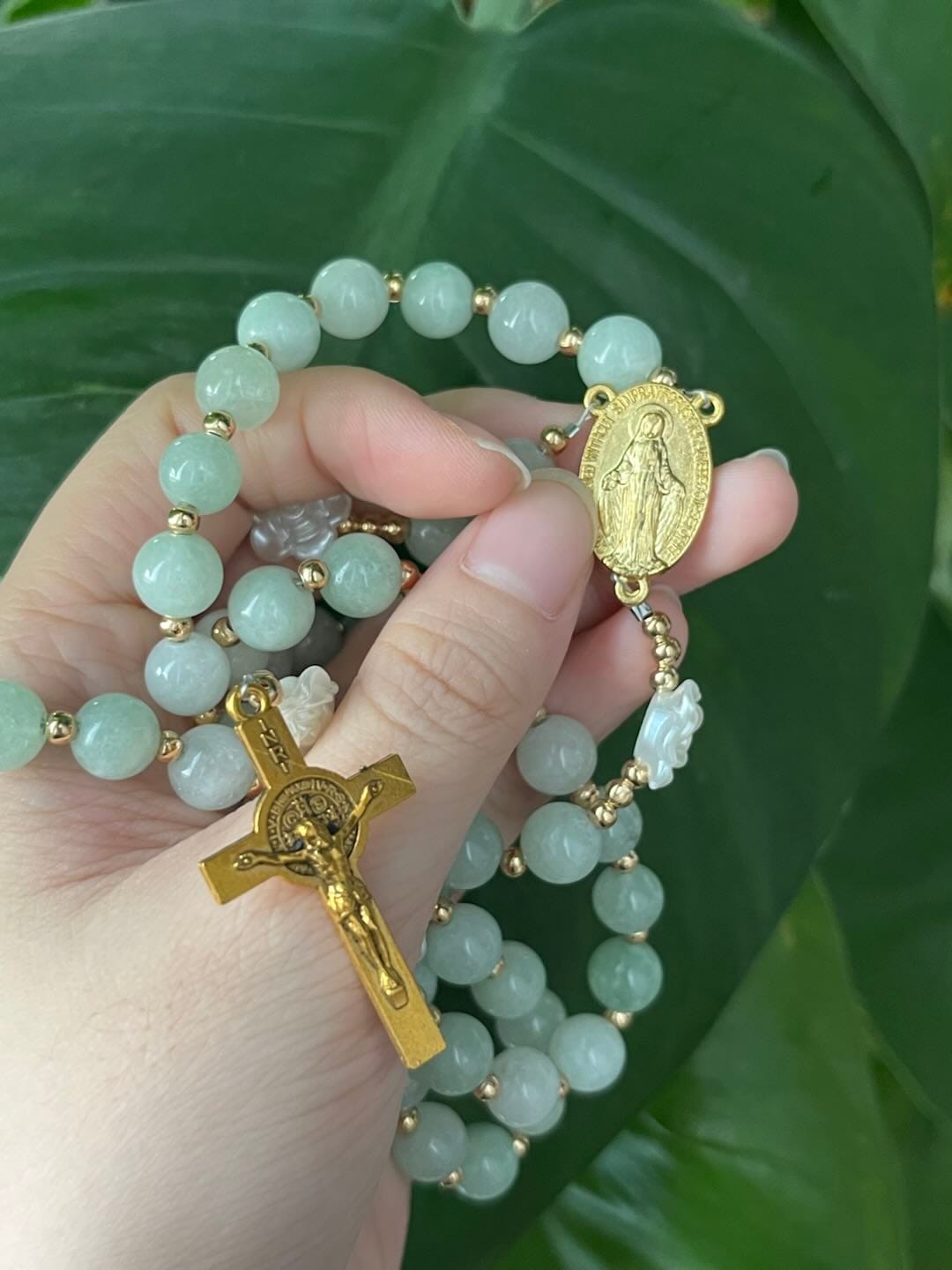Customer photo review of Solacebeads Verdant Grace Green Jade Rosary With Gold Accents & Crucifix: Rooted In Timeless Calm