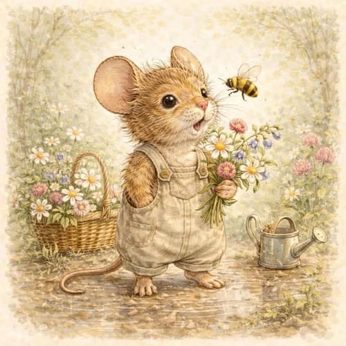 Customer's artistic illustration of a mouse holding a bouquet of flowers in a garden setting.