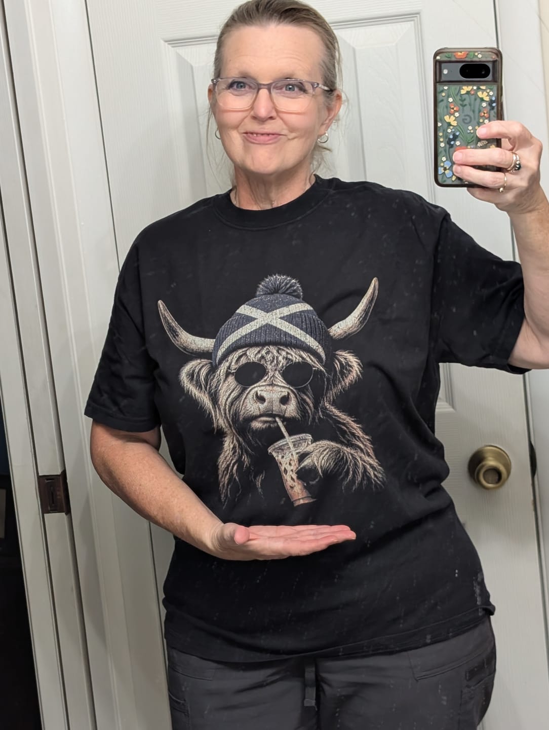 Customer photo review of Highland Cow Beanie T-Shirt