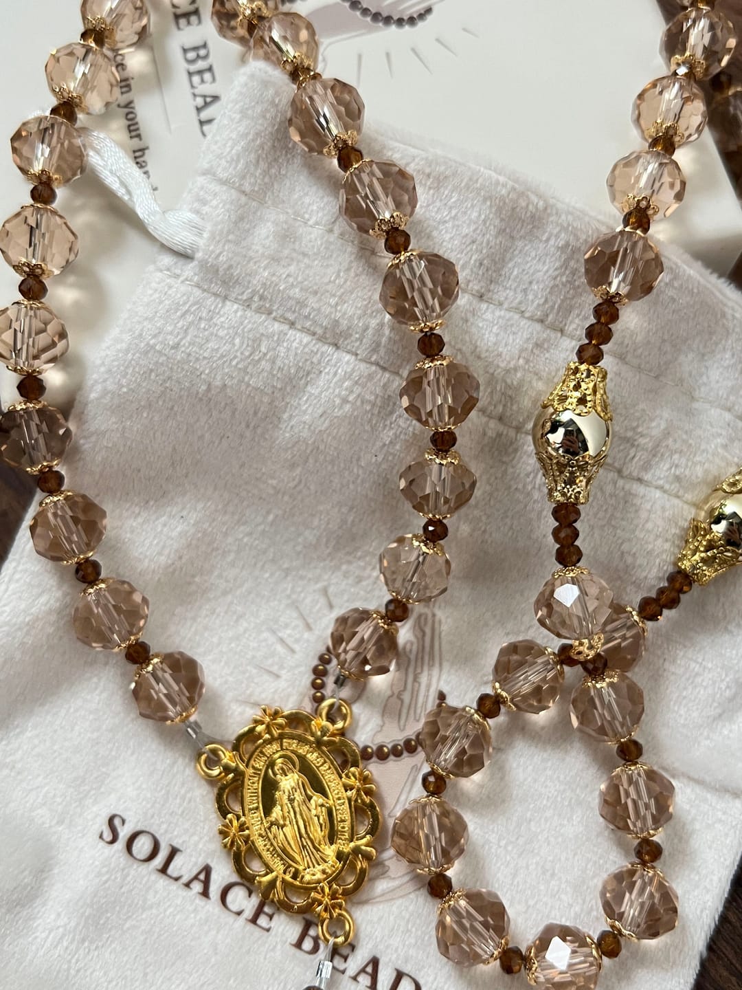 Customer photo review of SolaceBeads Champagne Crystal Rosary, Metal Bead Accents, Maria Medal: Bright Shining Daily Devotion