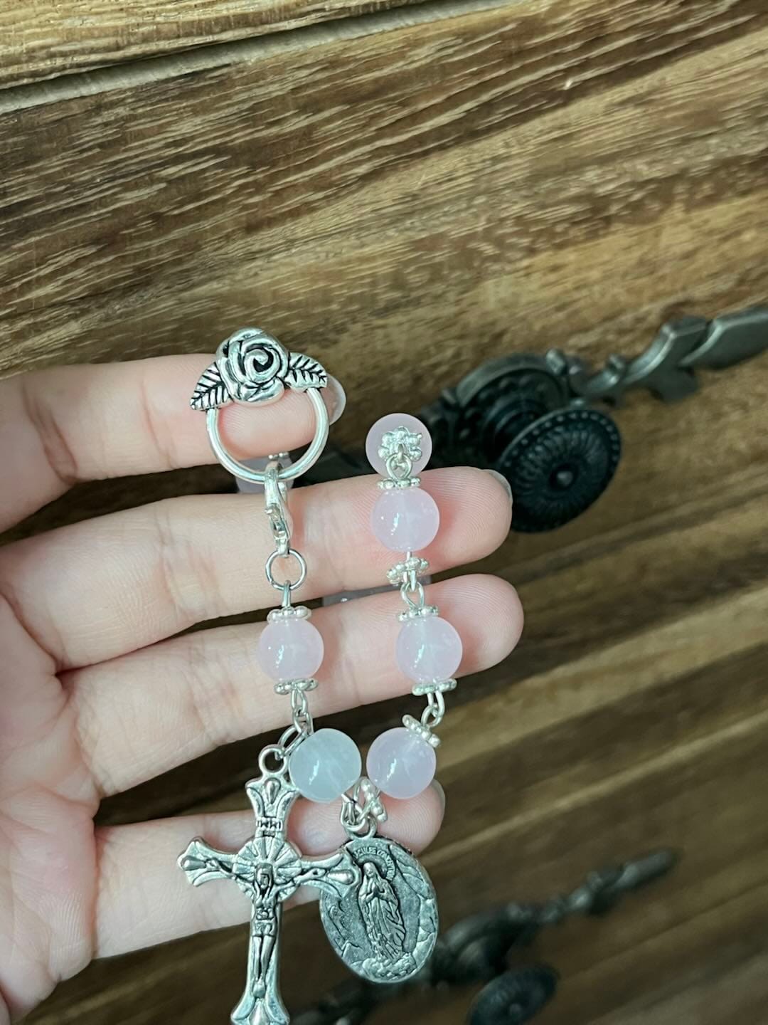 Customer photo review of SolaceBeads Pink Stone Rosary Bracelet with Marian Medal, Cross & Rose Details