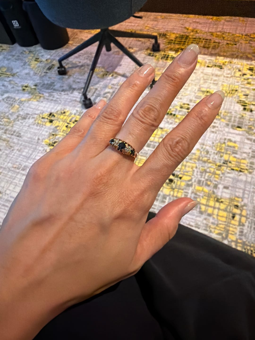 Customer photo review of Antique English 18k Yellow Gold Blue Sapphire Old Mine Diamond Ruffled Ring 5.50