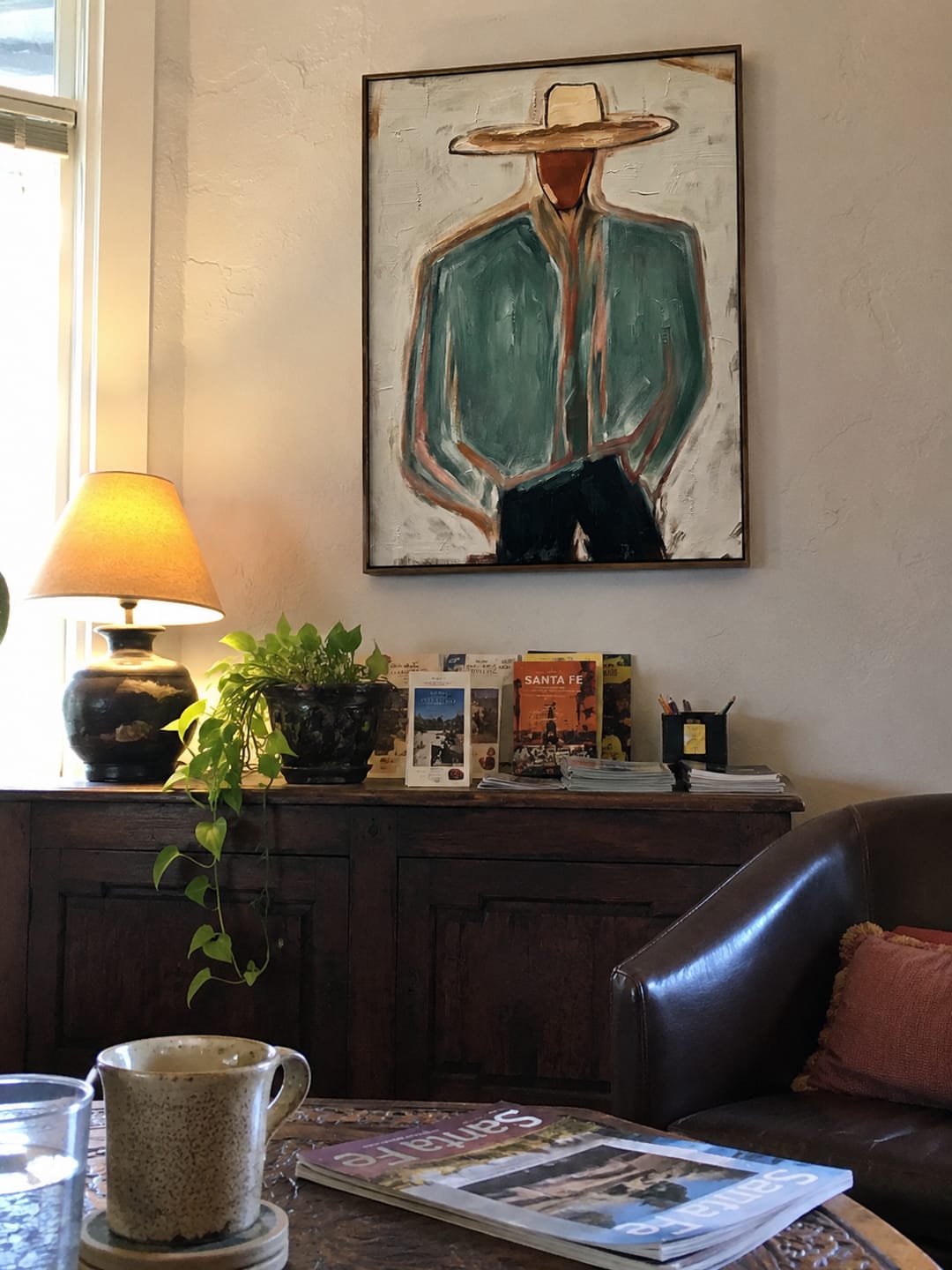Customer photo review of "Warm Desert Cowboy" – Expressive Sculptural Art | 3D Layered Sage Green & Ochre Canvas | Luxury Vertical Wall Art #PE 010