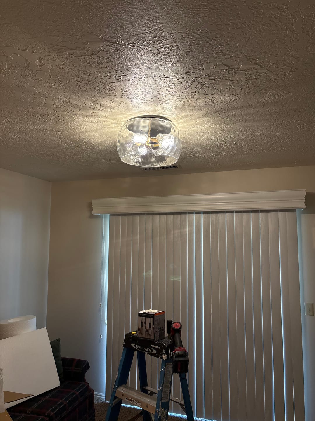 Customer photo review of 3-Light Wide Bowl Hammered Glass Round Flush Mount