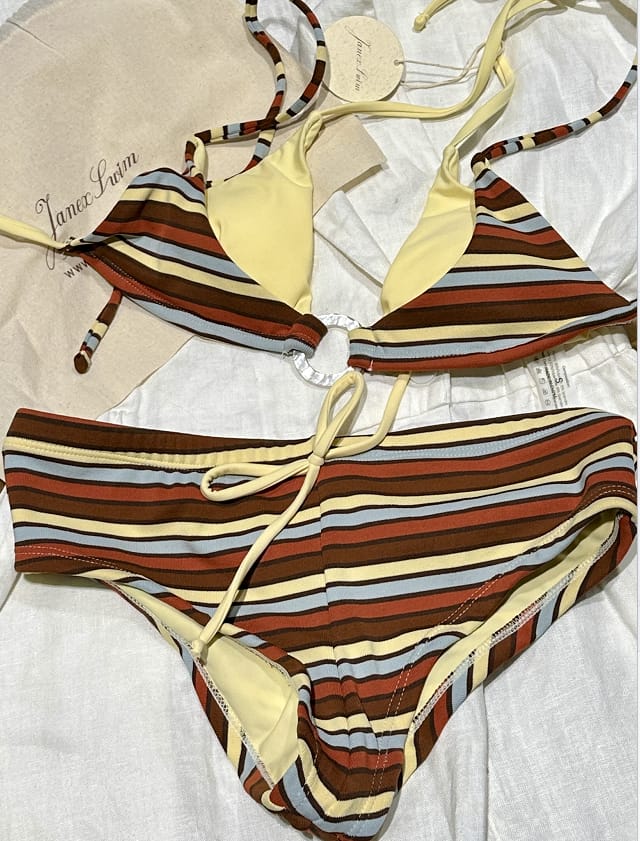 Customer photo review of Yellow Ribbed Knit Striped O Ring Double Layer Top & Cheeky Boyshorts Bikini Set