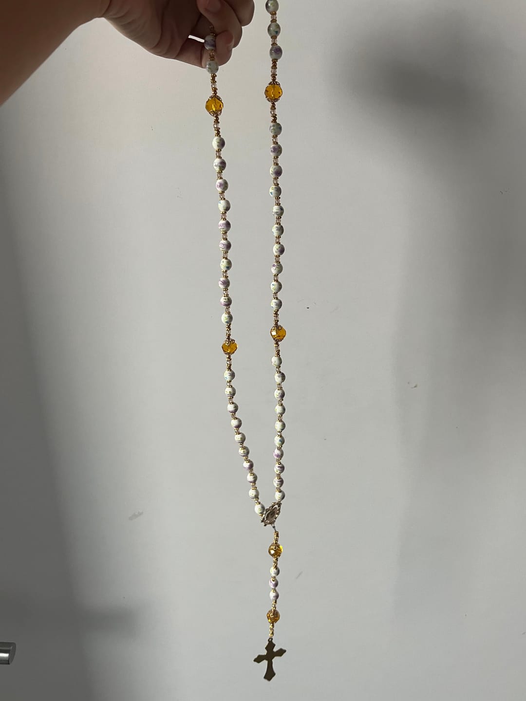 Customer photo review of SolaceBeads Lavender Floral With Golden Sacred Heart & Crucifix Rosary: Faith in Every Bead