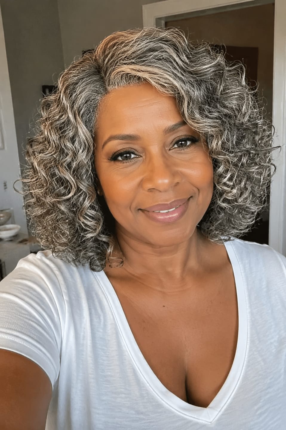 Customer photo review of Luvwin 5x5 Gentle  Curly Salt And Pepper Glueless Grey Color Pre-Cut Lace Bob Wig