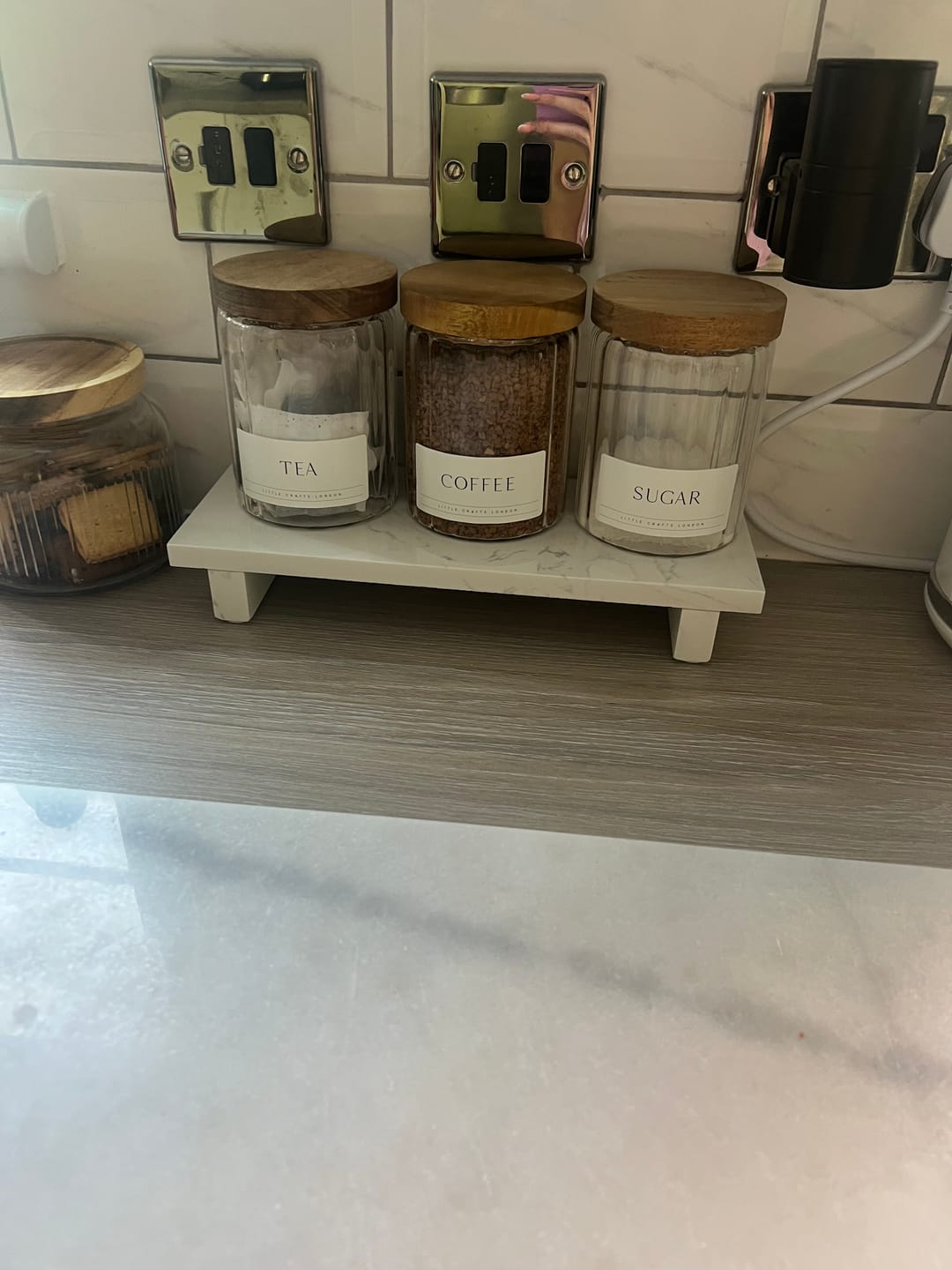 Customer photo review of Ribbed Set of 3 Acacia Glass Jars Tea, Coffee and Sugar 750 ML & Rectangle Tray