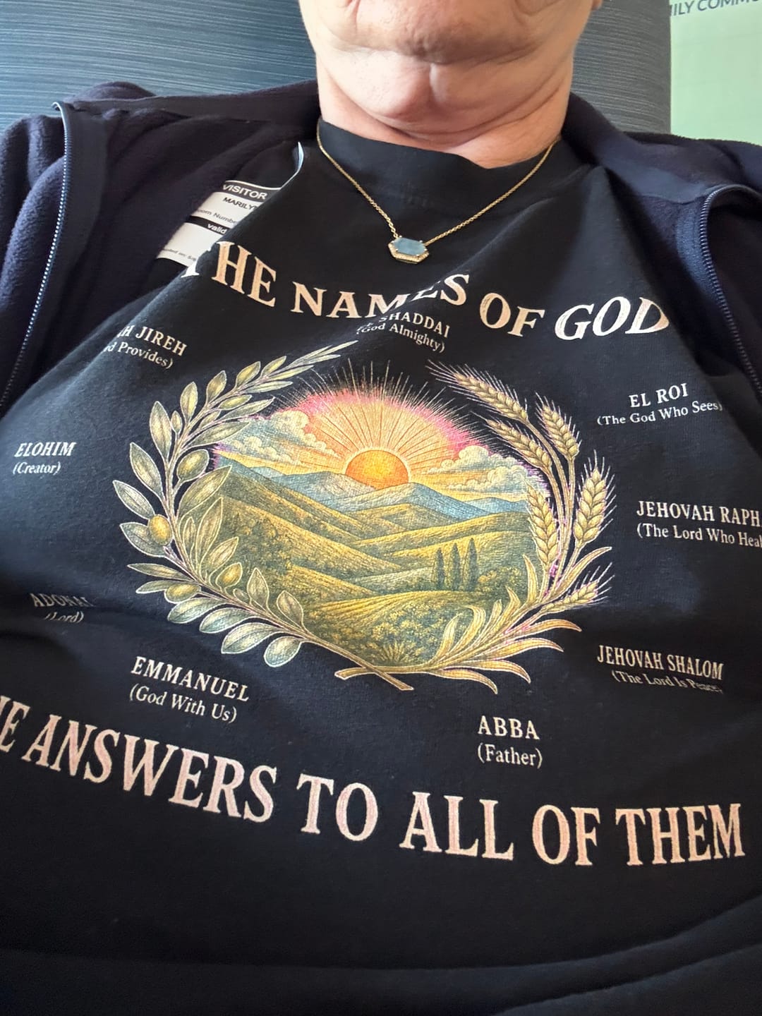 Customer photo review of The Names of God — "He Answers to All of Them" | Hebrew Names of God Premium T-shirt