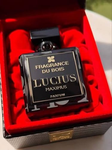 Customer's Lucius Maximus parfum in a black square bottle, displayed inside a luxurious red velvet-lined box.