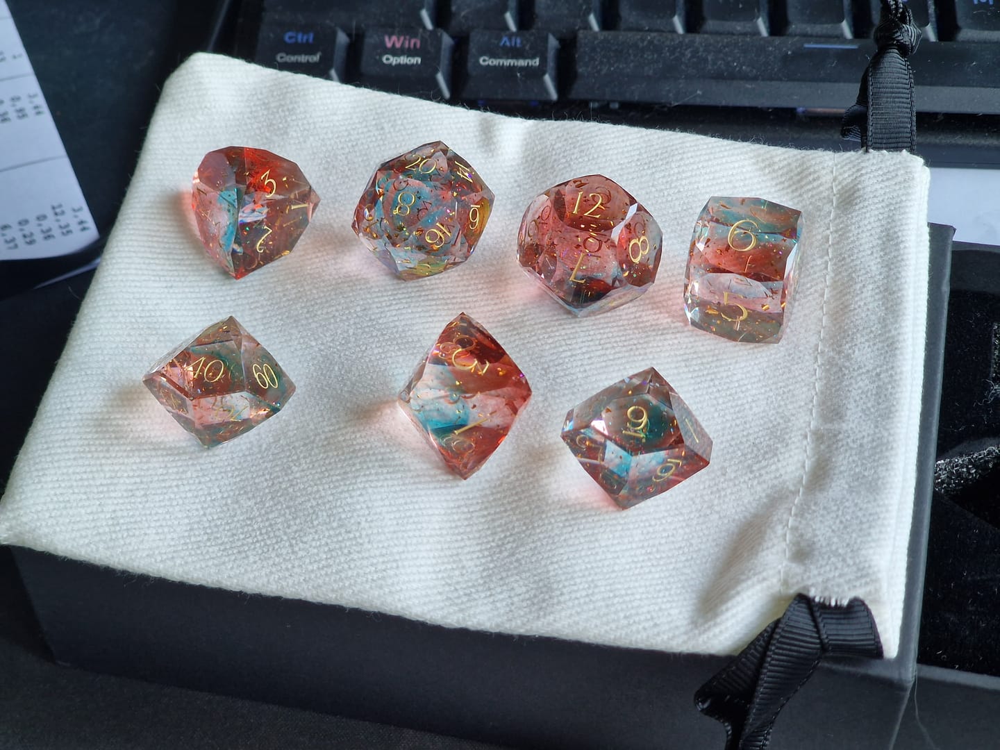 Customer photo review of URWizards D&D Resin Pink Nebula Engraved Dice Set Multi-faceted Style