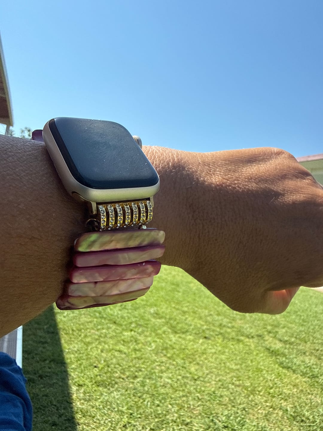 Customer photo review of Imperial Orchid Shell Stretch Apple Watch Strap