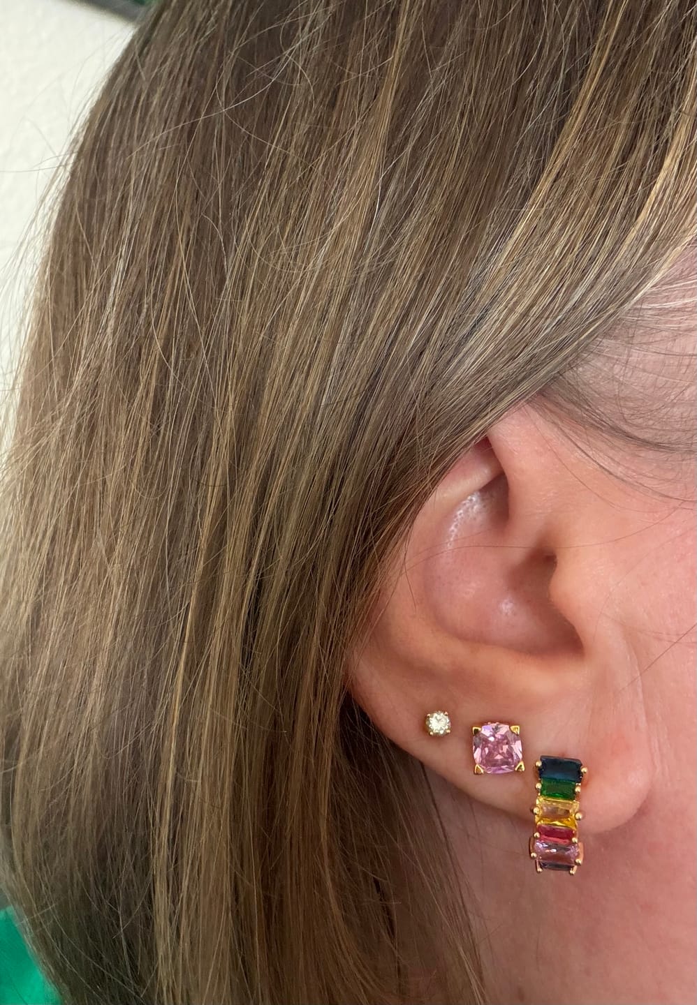 Customer photo review of Dainty Huggie Hoop Multicolor 18k Gold Plated Hoop