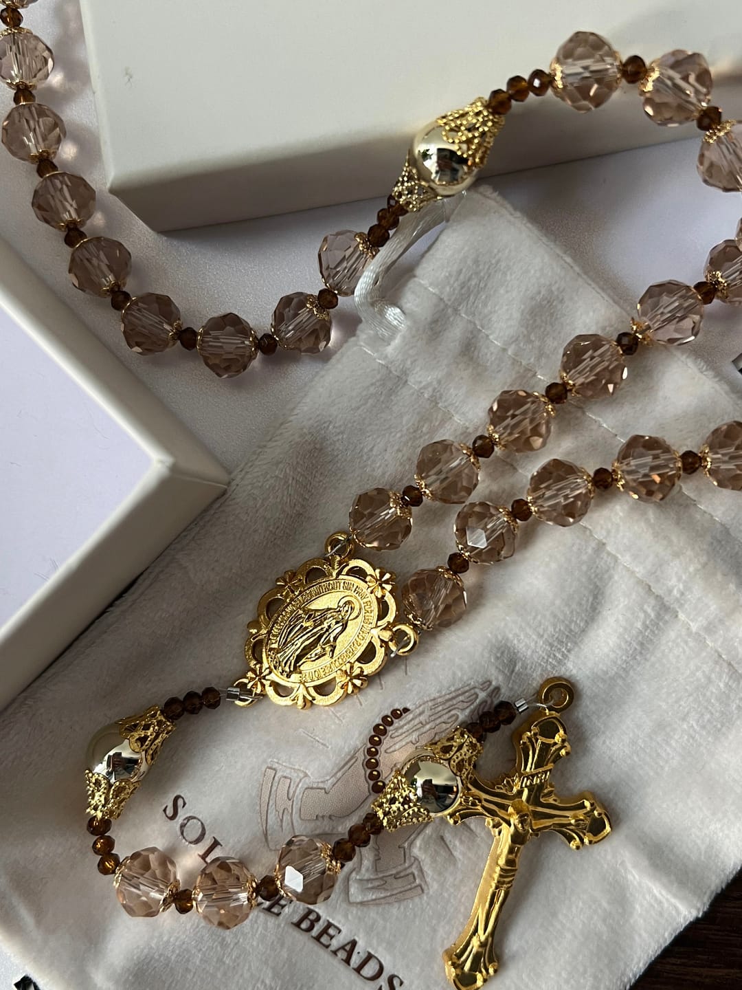 Customer photo review of SolaceBeads Champagne Crystal Rosary, Metal Bead Accents, Maria Medal: Bright Shining Daily Devotion