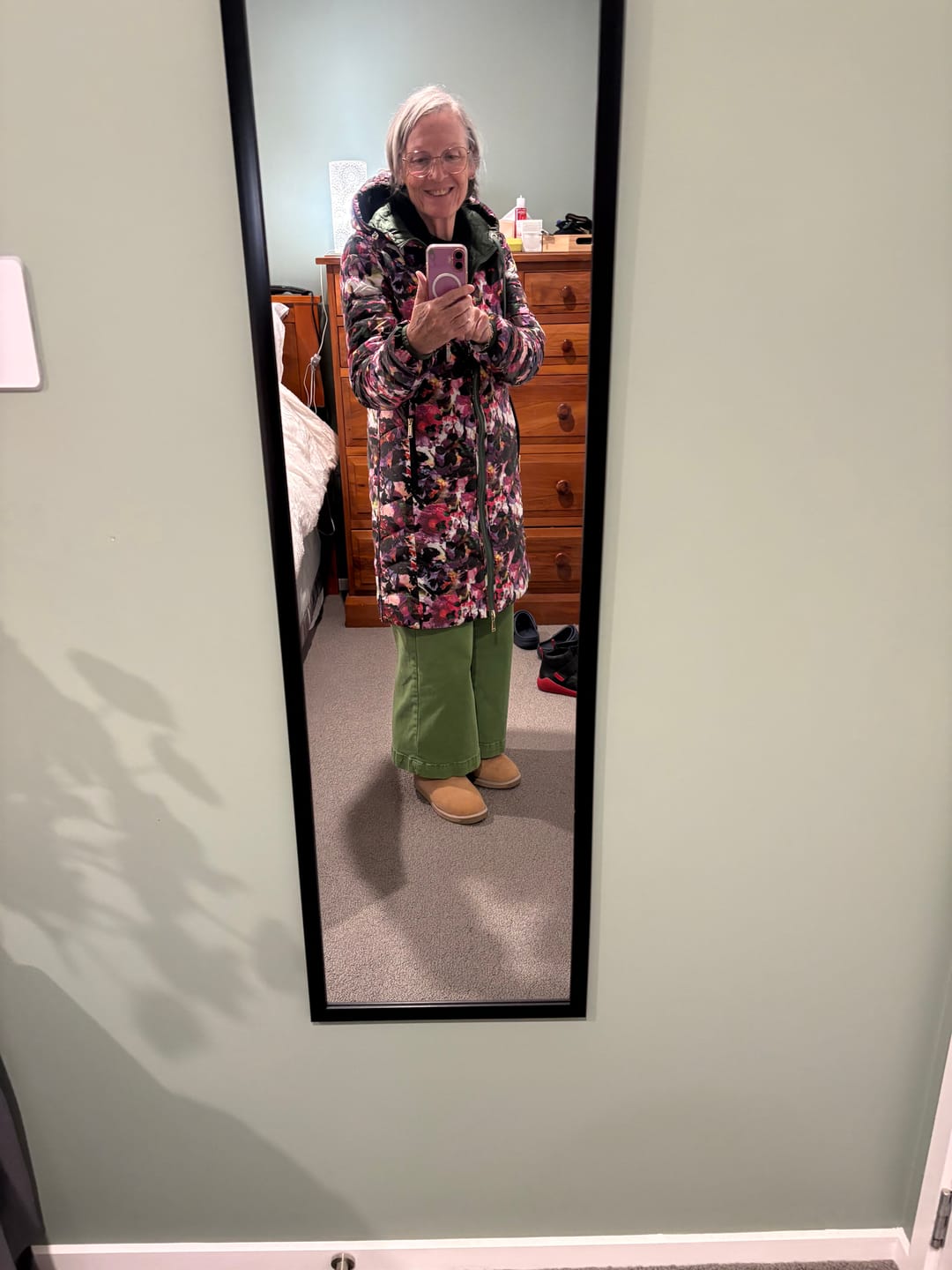 Customer photo review of Arnie Women's 90/10 Reversible Down Coat - Cypress/Purple Fleur