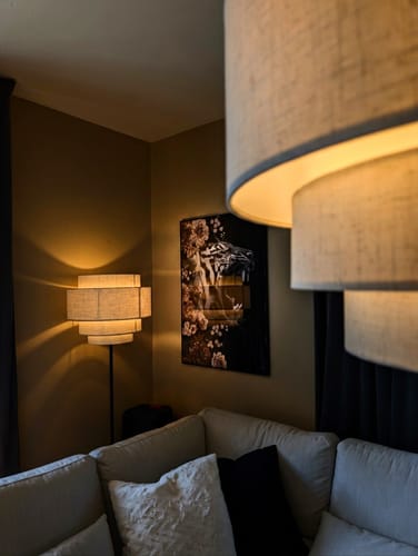 Customer's Magog XIV art print hanging on a dark wall in a cozy, dimly lit living room with a floor lamp.