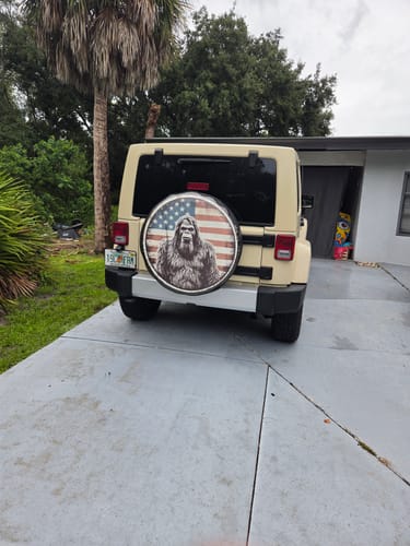 Customer photo review of American Flag  Bigfoot Portrait - Sasquatch Spare Tire Cover for Bronco, RV, Jeep, Camper, Van