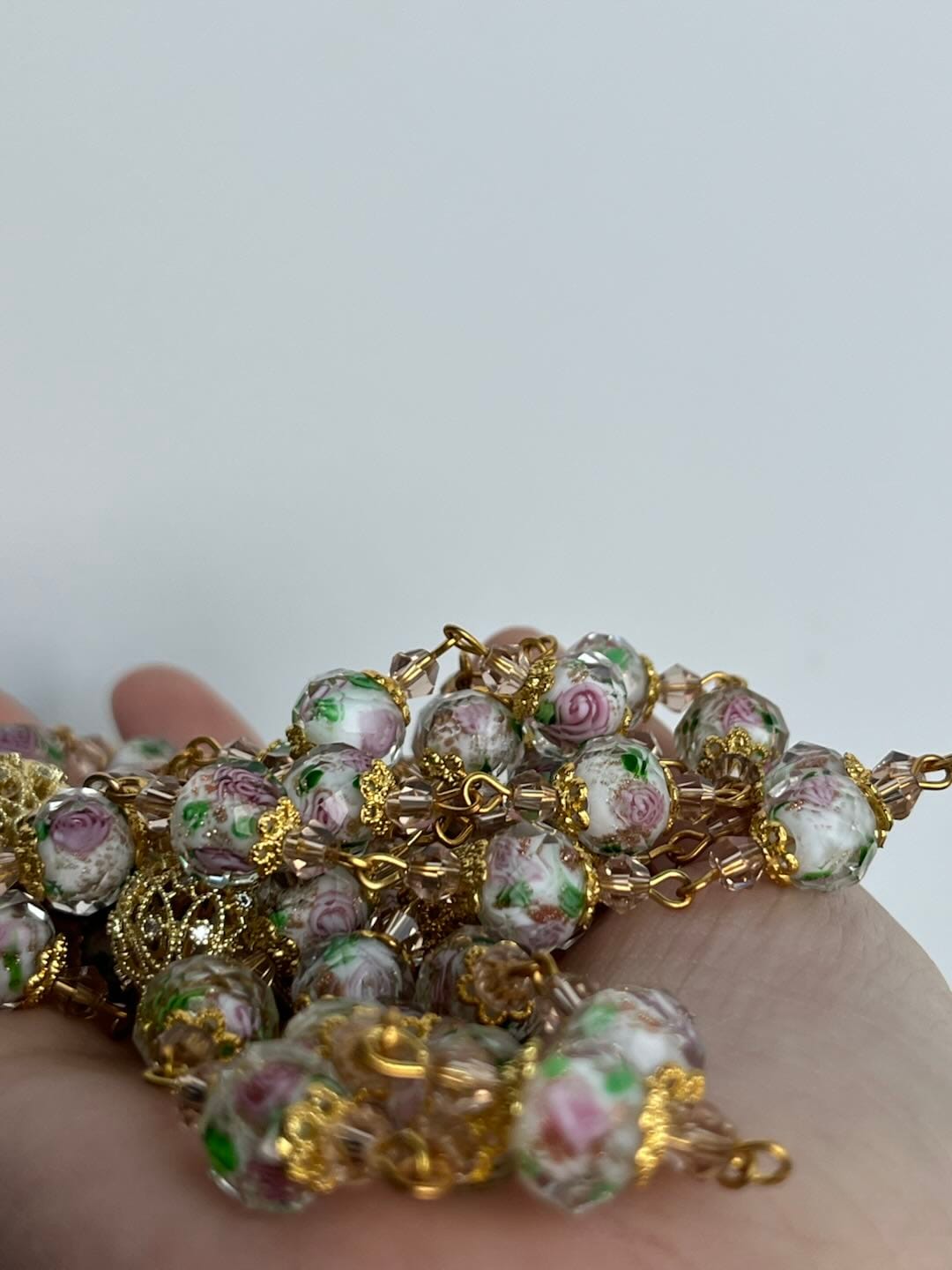 Customer photo review of SolaceBeads White Floral Lampwork Glass Rosary: Grace With Gold Filigree & Miraculous Medal