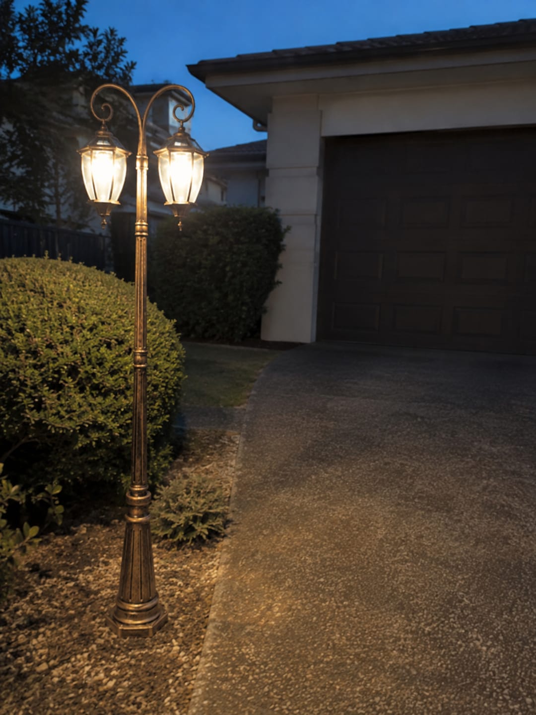 Customer photo review of Victorian Double Head Solar Coach Post Light – Antique Bronze Hexagonal Clear Glass Lantern