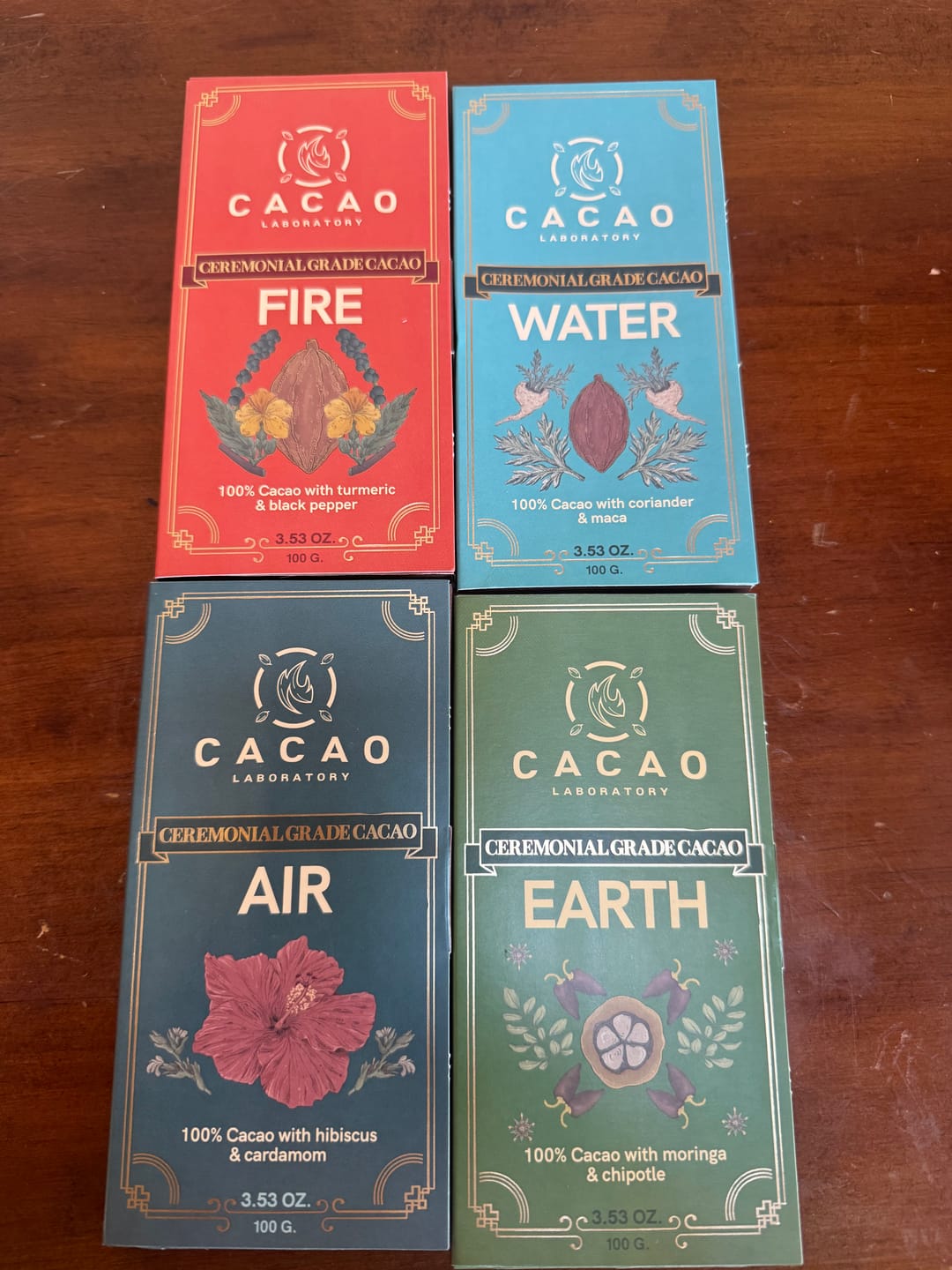 Customer photo review of Sacred Element Ceremonial Cacao Blends Variety Box, Organic (4 bars – 3.5 oz each)