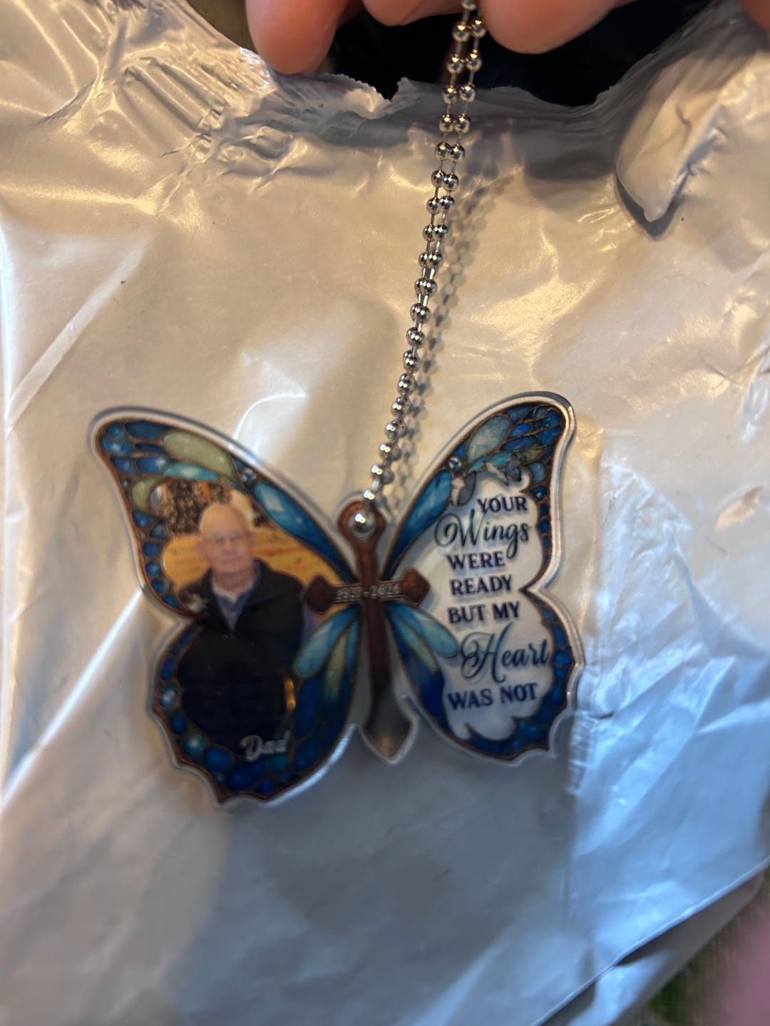 Customer photo review of Personalized Memorial Butterfly Car Hanger with Photo – Always With You