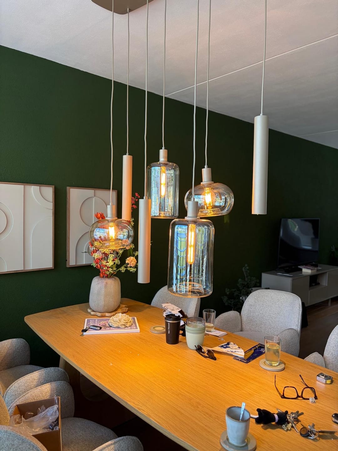 Customer photo review of Hanglamp Avelore - 7-lichts - Beige - Amberglas - Met Spots