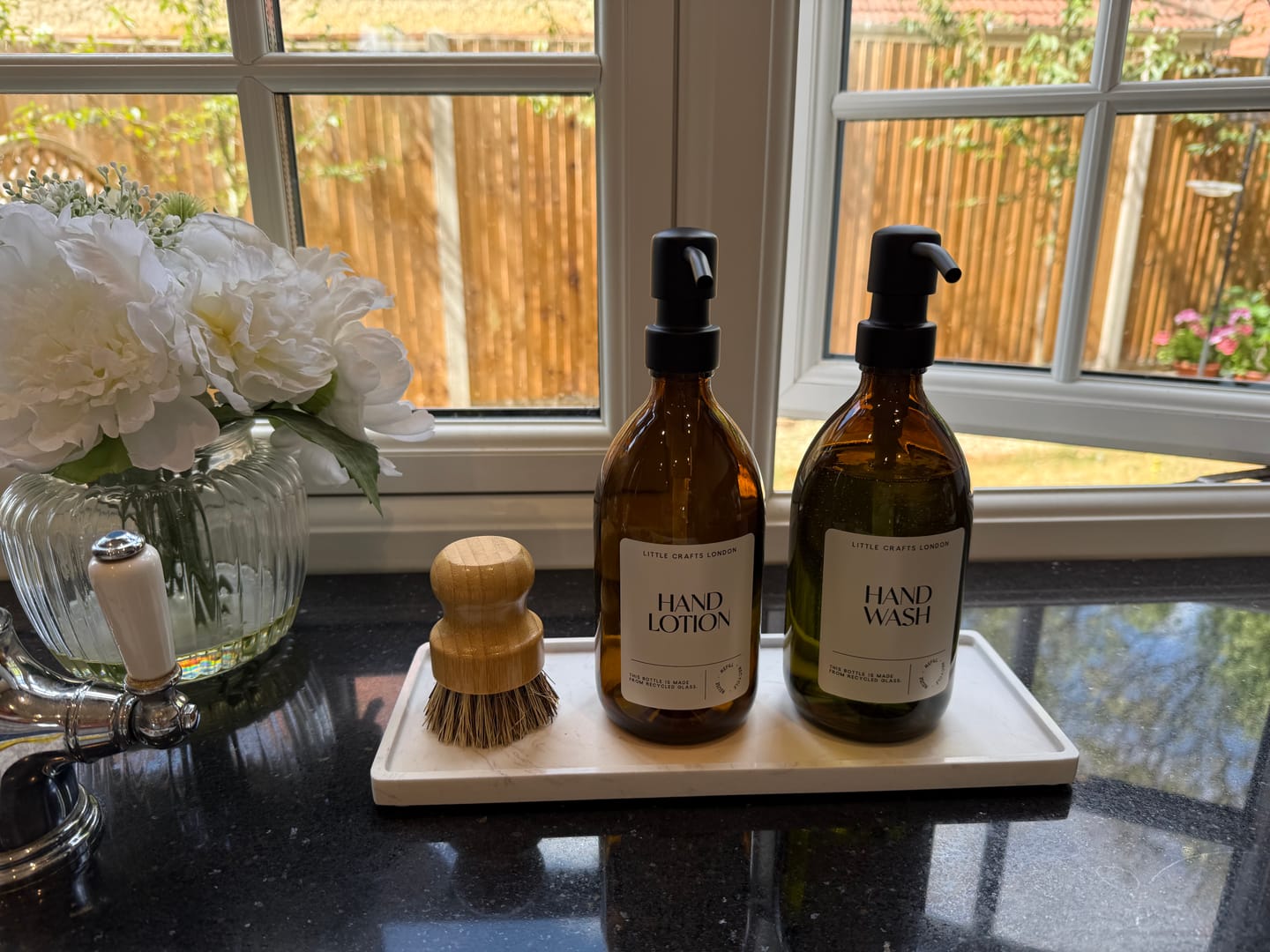 Customer photo review of Set of 2 Amber Glass Bottles 500 ML Long tray & Dish Brush