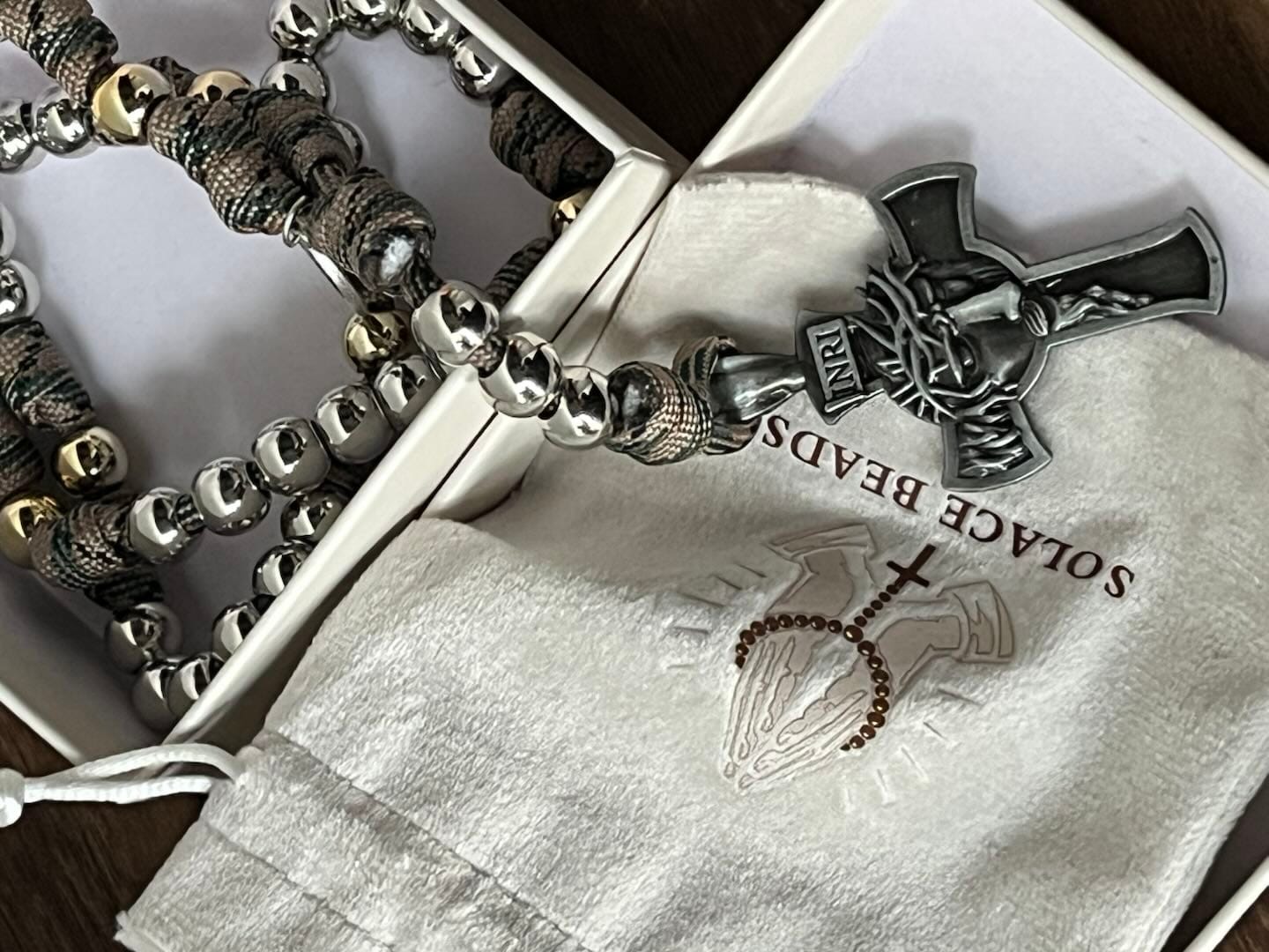 Customer photo review of SolaceBeads Silver Tone Beaded Holy Face Devotion Rosary Chaplet: For Courage & Faith