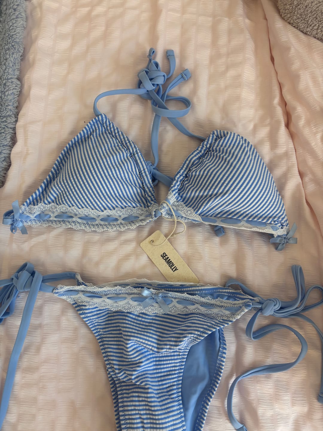 Customer photo review of Seamolly Striped Lace Trim Bowknot Decor Halter Triangle Tie Side Bikini Set