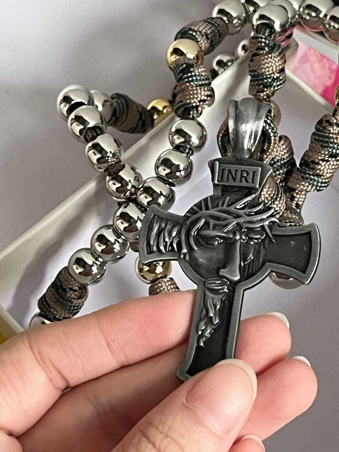 Customer photo review of SolaceBeads Silver Tone Beaded Holy Face Devotion Rosary Chaplet: For Courage & Faith