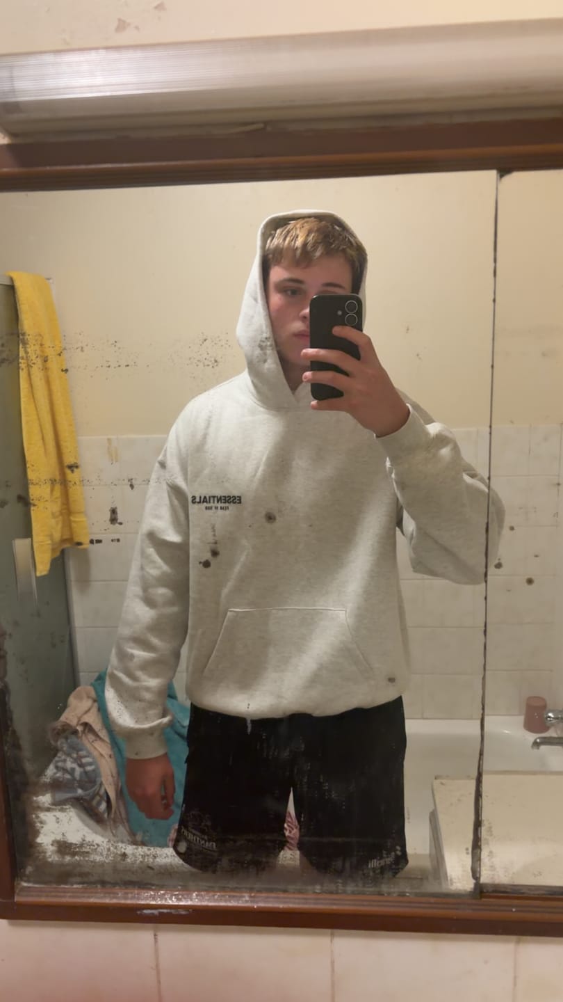 Customer photo review of Fear Of God Essentials Hoodie Light Oatmeal SS22