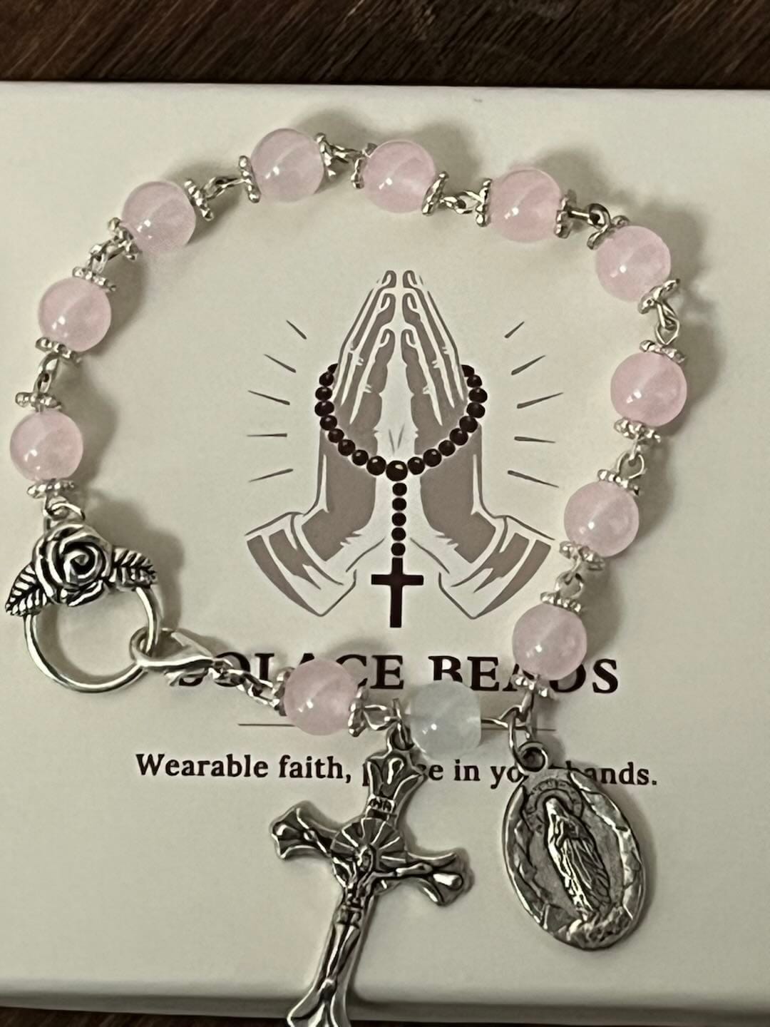 Customer photo review of SolaceBeads Pink Stone Rosary Bracelet with Marian Medal, Cross & Rose Details