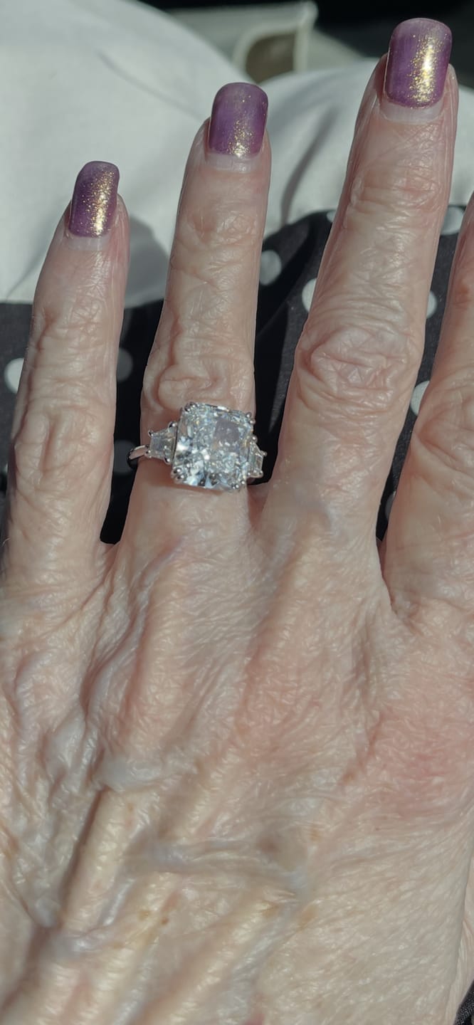 Customer photo review of S925 6.5/12.0 Ct Radiant Cut Crushed Ice Simulated Diamond Three-Stone Engagement Travel Ring