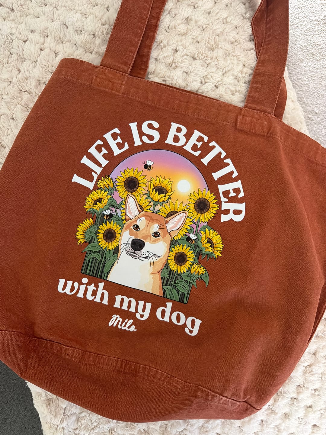 Customer photo review of Personalised Sunflower Tote Bag | Life is Better With My Dog