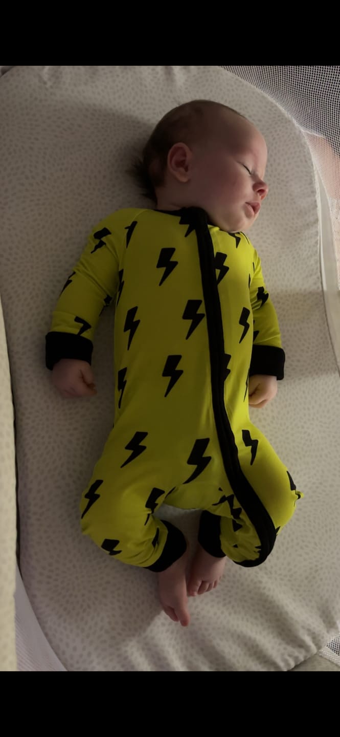 Customer photo review of Bamboo Zippy Sleeper in Neon Electric Lime x Jagger